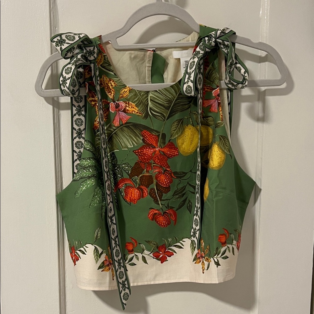New with tags - Green Floral Tie-Strap Crop Top with Yellow & Red Accents